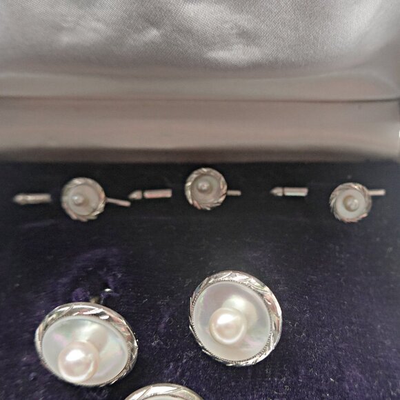 Art Deco Sterling Cultured Pearl Cufflinks Studs Tie Bar - Picture 3 of 4